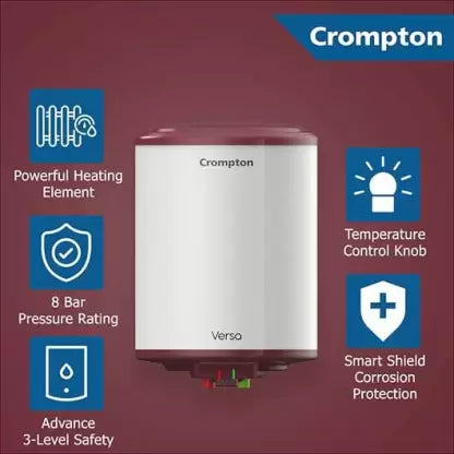 Crompton 10 L Storage Water Geyser (Versa ASWH-3510 Powerful Heating Rust Proof Plastic Body White & Maroon, White)