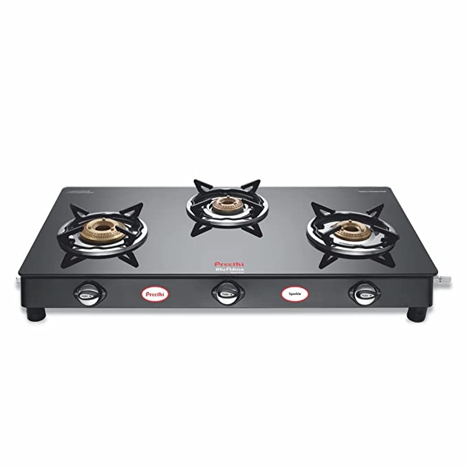 Preethi Blu Flame Sparkle Glass top 3 Burner Gas Stove, Manual Ignition, Black ( (ISI Certified), GTS 104