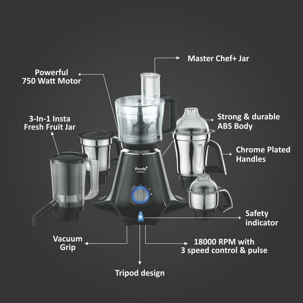 Preethi Zodiac MG-218 mixer grinder, 750 watt, Black/Light Grey, 5 jars - 3 In 1 insta fresh juicer Jar & Master chef food processor Jar, Vega W5 motor with 5yr Warranty & Lifelong Free Service