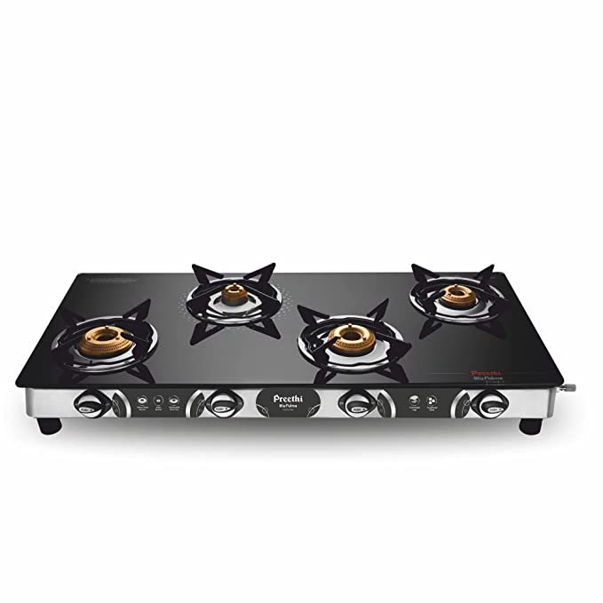 Preethi Blu-Flame Stainless Steel Jumbo Max Glass Top Open Gas Stove with 4 Burner (Multicolour) (ISI Certified), Standard, GTS 118