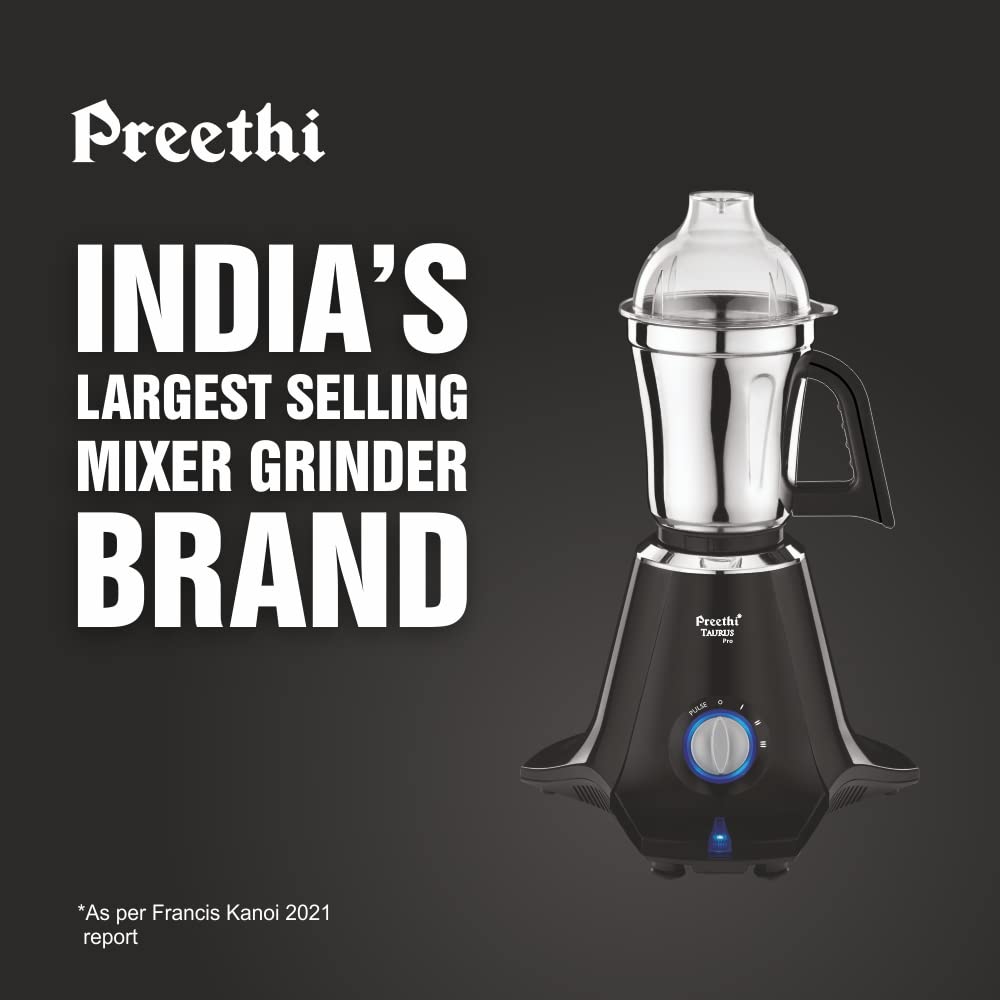 Preethi Taurus Pro MG-256 Mixer Grinder, 1000 watt, Black, 3 Jars, 2yr Guarantee