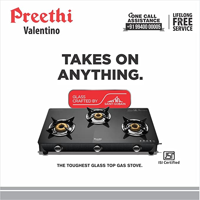Preethi Valentino Glass top 3 Burner Gas Stove, Manual Ignition, Black (ISI Approved with Life Time Brand Warranty)