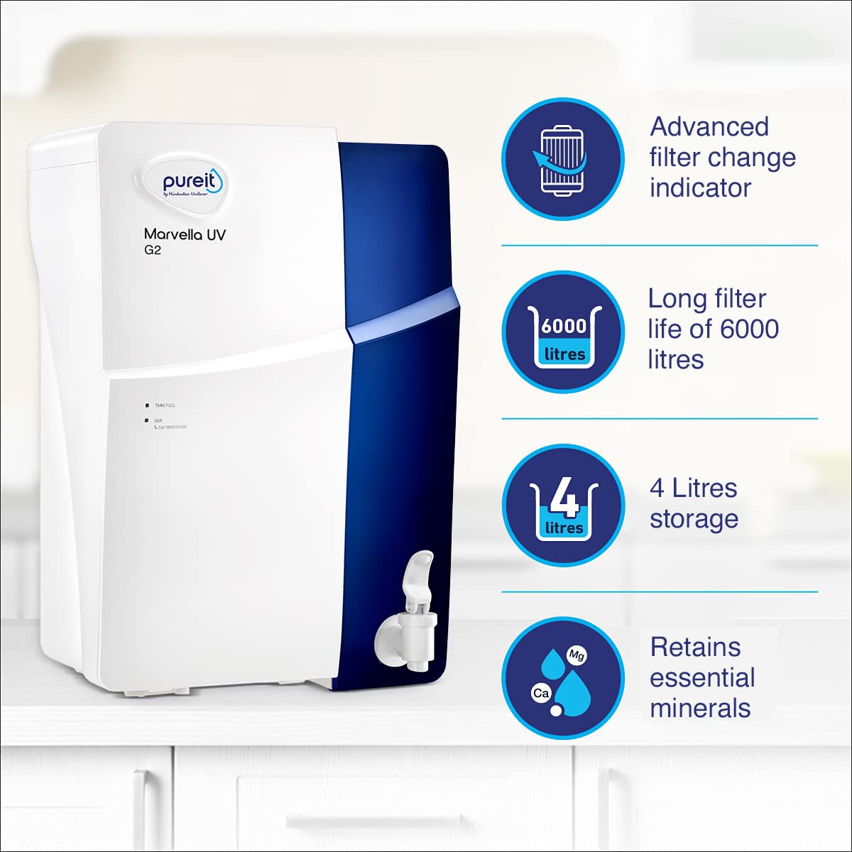 HUL Pureit Marvella G2 UV 4 Stage Table Top/Wall Mountable White & Blue 4 litres Water Purifier