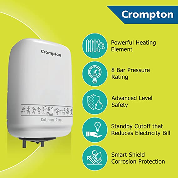 Crompton Solarium Aura 10-L 5 Star Rated Storage Water Heater with Free Installation and connection pipes (White)