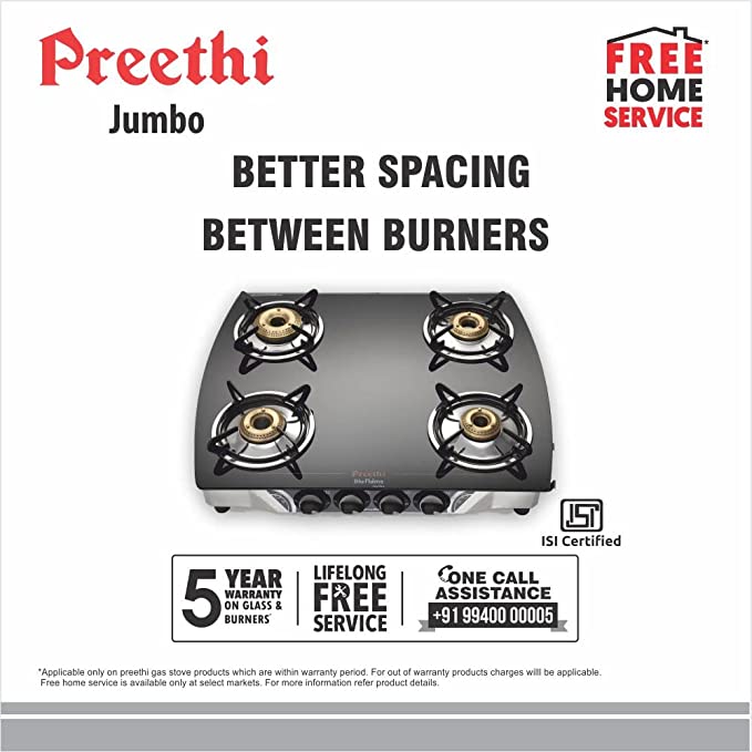 Preethi Blu Flame Jumbo Glass top 4 Burner Gas Stove, Manual Ignition, Black