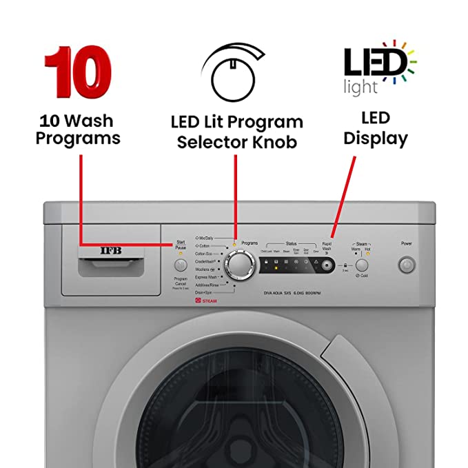 IFB 6 Kg 5 Star Front Load Washing Machine 2X Power Dual Steam (DIVA AQUA SXS 6008, Silver, Active Color Protection, Hard Water Wash)