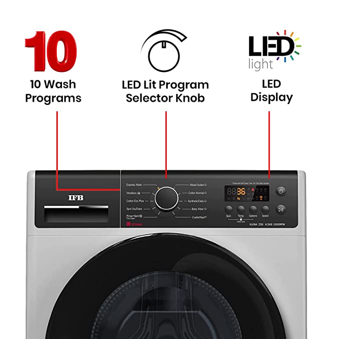 IFB 6.5 Kg 5 Star Fully-Automatic Front Loading Washing Machine with Power Steam (ELENA ZSS, Silver, 4 Year Warranty, 3D Technology, Steam Wash)