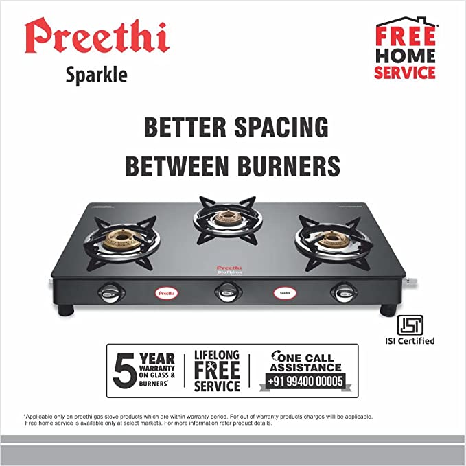Preethi Blu Flame Sparkle Glass top 3 Burner Gas Stove, Manual Ignition, Black ( (ISI Certified), GTS 104