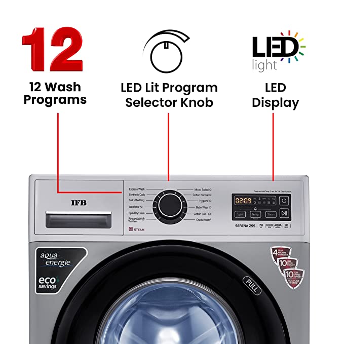 IFB 7 Kg 5 Star Fully-Automatic Front Loading Washing Machine with Power Steam (SERENA ZSS 7010, Silver, 4 Year Warranty, 3D Technology, Steam Wash)