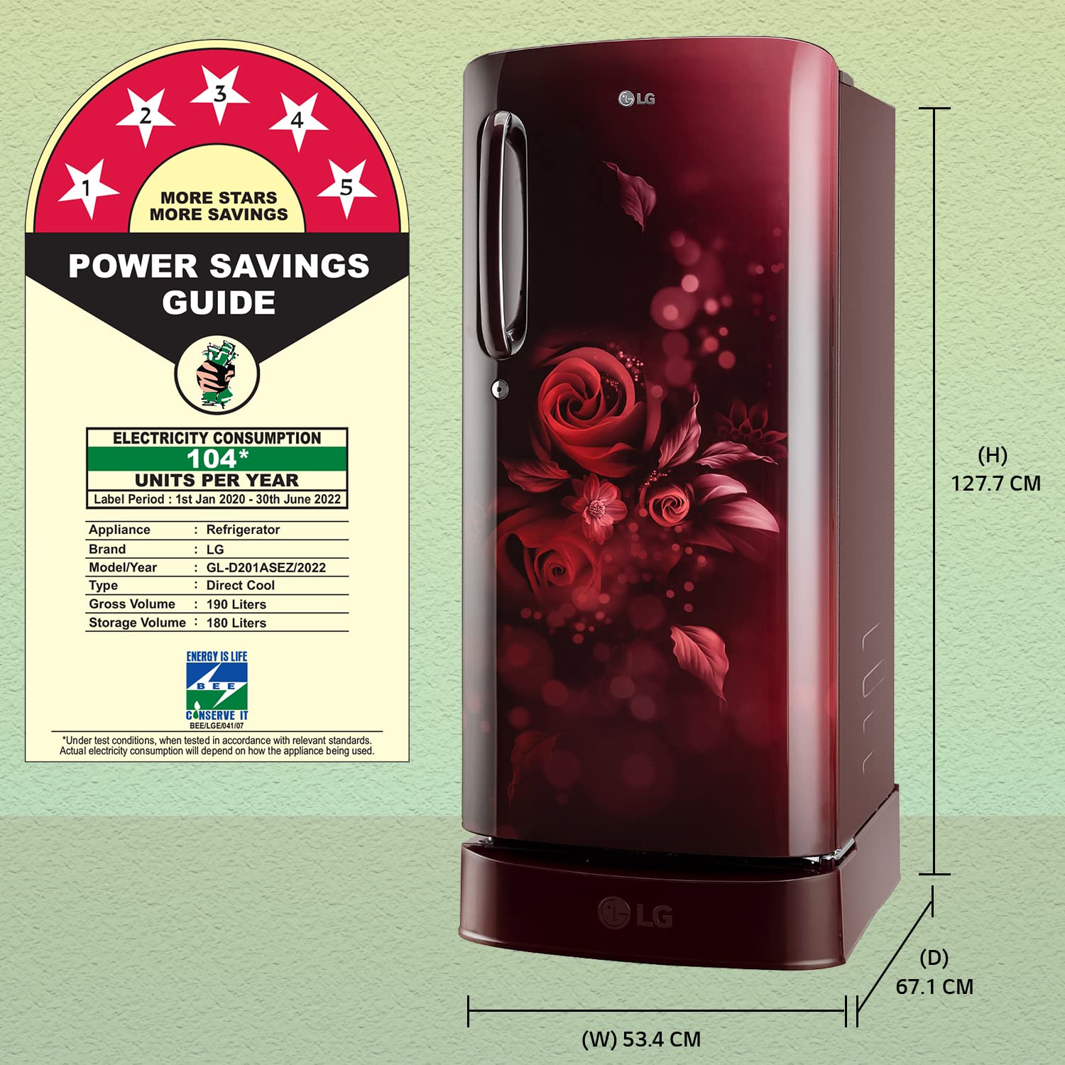 LG 190L 5 Star Inverter Direct-Cool Single Door Refrigerator (GL-D201ASEZ, Scarlet Euphoria, Base stand with drawer), Red