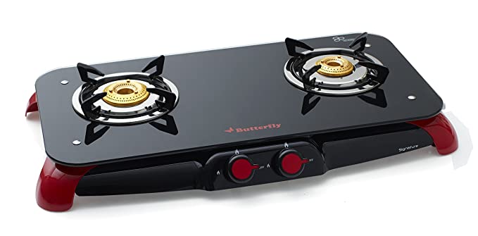 Butterfly Signature Glass Top 2 Burner Gas Stove, Manual Ignition, Black/Red