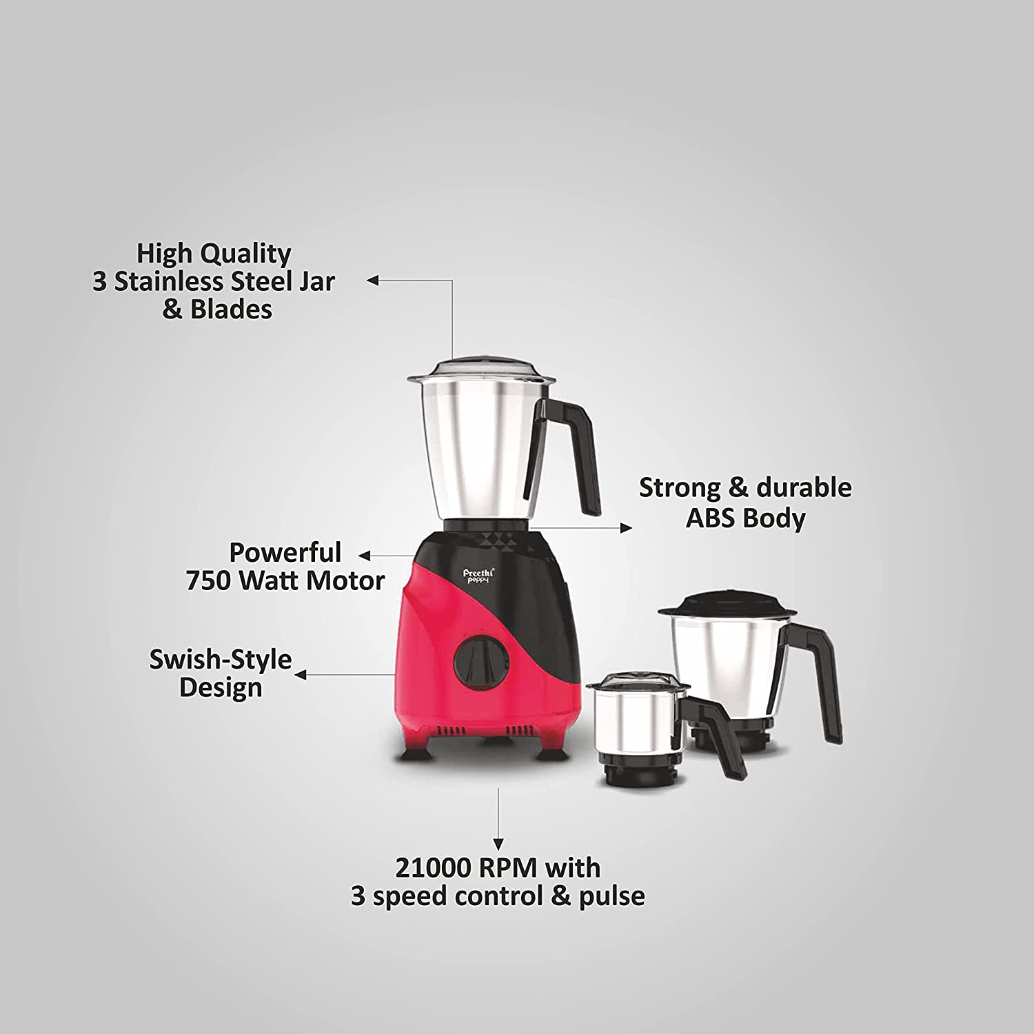 Click to open expanded view   VIDEO      Preethi Peppy MG-245 mixer grinder, 750 watt, Black & Red, 3 jars, Vega W5 Motor with 5yr Warranty & Lifelong Free Service