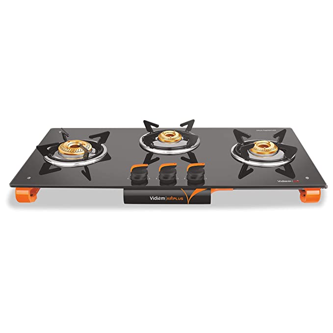 Vidiem Gas Stove G3 121 A Air Plus (Orange and Black) | 3 Burner Gas Stove Frameless | 8mm Toughened Glass Gas Stove | Manual Ignition | 2 Years Warranty