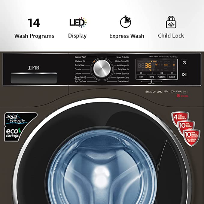 IFB 8 Kg 5 Star Front Load Washing Machine 2X Power Dual Steam (SENATOR MXS 8012, Mocha, Active Color Protection, Hard Water Wash)