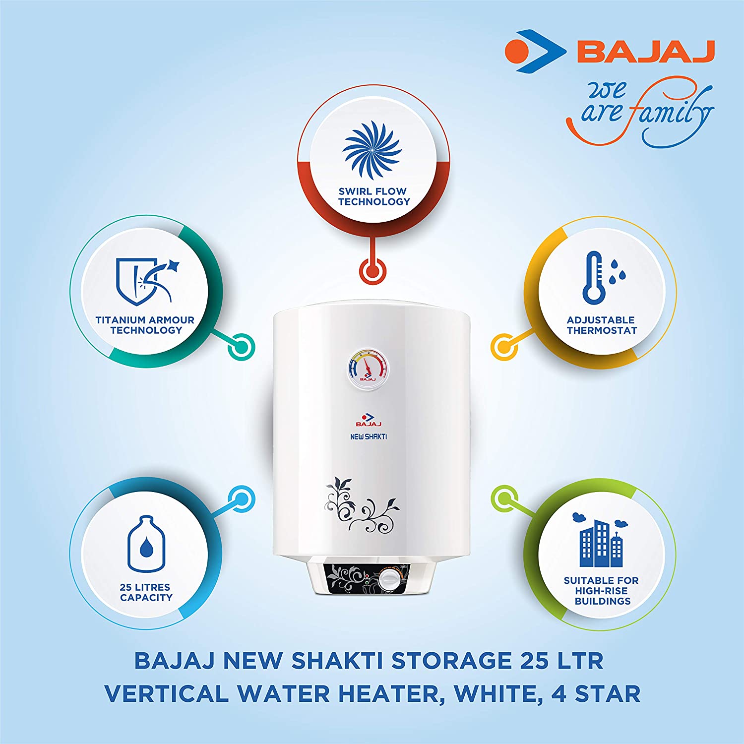 Bajaj New Shakti Storage 25 Litre Vertical Water Heater, White, 4 Star (43.3 x 44.1 x 57 cms)
