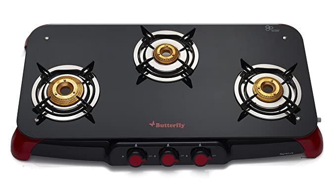 Butterfly Signature Glass Top 3 Burner Gas Stove, Manual Ignition, Black/Red
