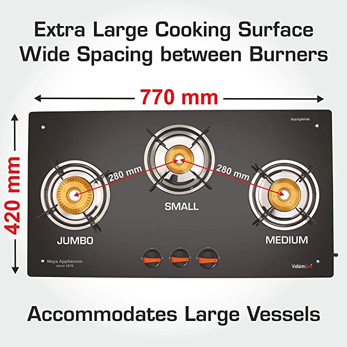 Vidiem Gas Stove G3 121 A Air Plus (Orange and Black) | 3 Burner Gas Stove Frameless | 8mm Toughened Glass Gas Stove | Manual Ignition | 2 Years Warranty