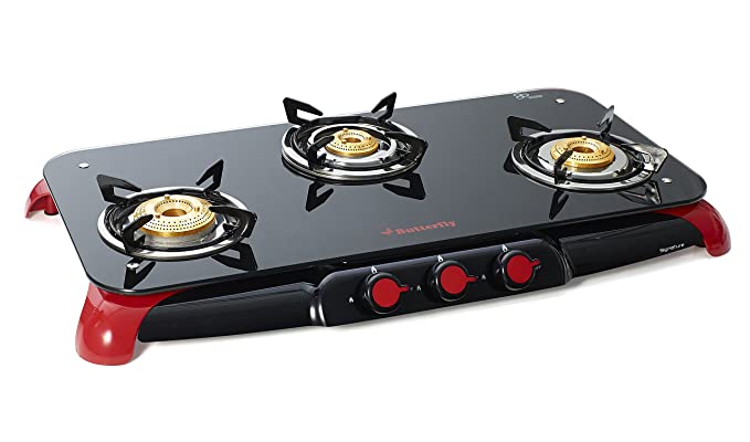 Butterfly Signature Glass Top 3 Burner Gas Stove, Manual Ignition, Black/Red