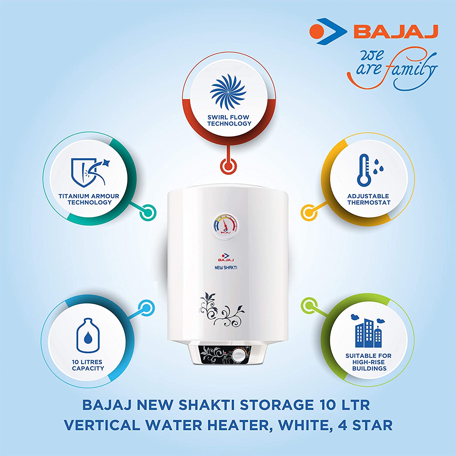 Bajaj New Shakti Storage 10 Litre Vertical Water Heater, White, 4 Star