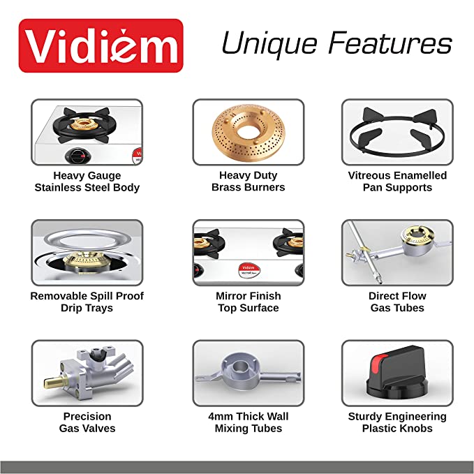 Vidiem Gas Stove S2 199 A VECTOR NERO (Silver)|Stainless Steel 2 Burner Gas Stove| Manual Ignition | Safety, Reliability, High Efficiency | 5 years warranty